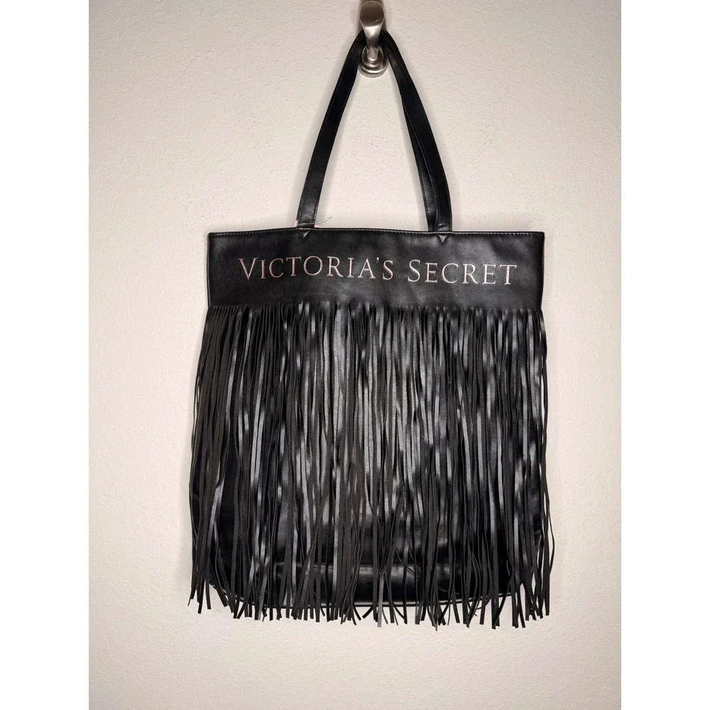 NWT Victoria's Secret‎ Limited Edition black faux leather fringe tote bag